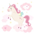 Cute magical unicorn in pink clouds. Little princess theme. Vector hand drawn illustration. Royalty Free Stock Photo